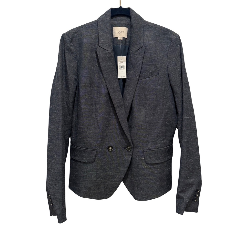 NEW Loft Blazer Womens 6 Navy Blue Linen Blend Two Button Professional Tailored‎